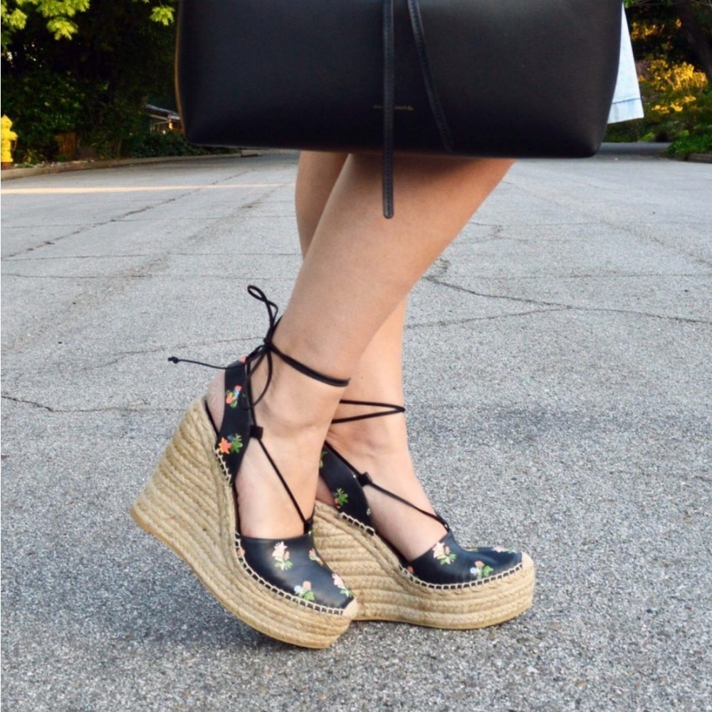 Saint Laurent YSL Floral Black Leather Ankle Wrap Espadrille Wedge Heel EU 40